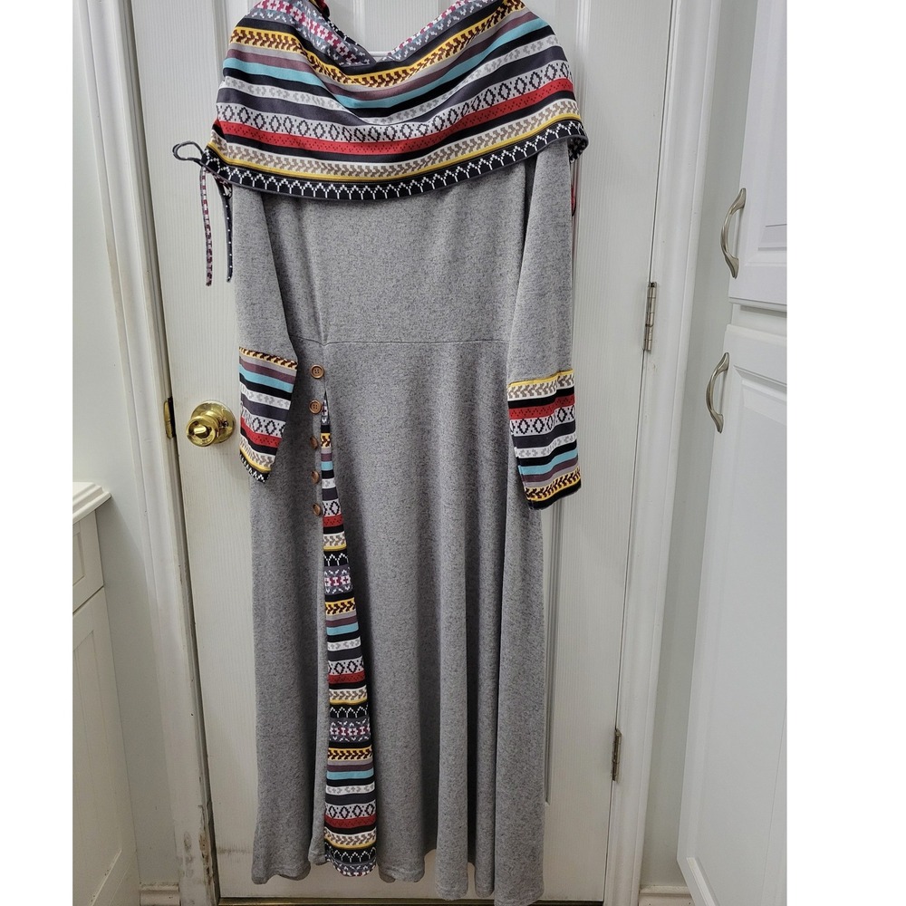 Noracora Gray Knit Maxi Dress XXL Tribal Print Cowl Neck Long Sleeve Boho A-Line